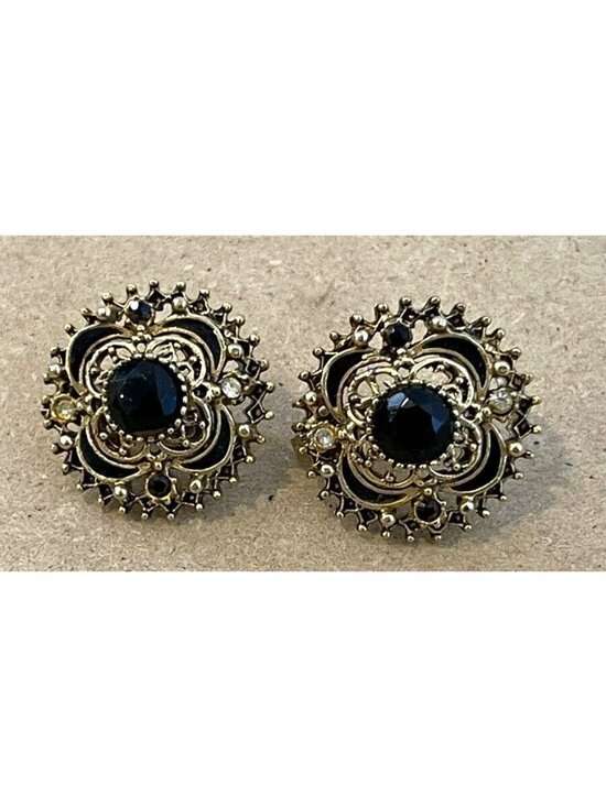 Florenza Jewelry - Vintage Florenza Gold Tone Black Center Stone Clip on Earrings Signed